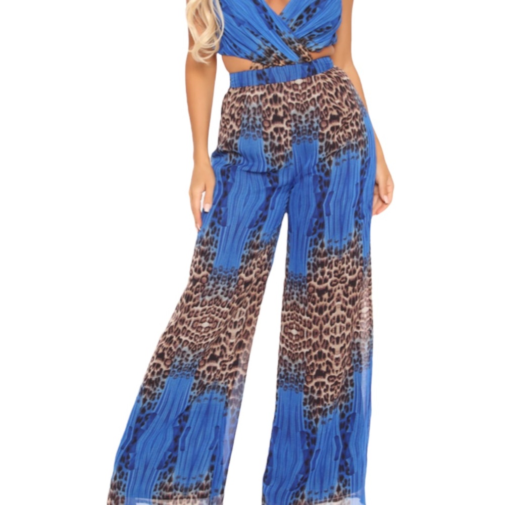 All About Me Leopard Jumpsuit- Royal/Combo , Size Small